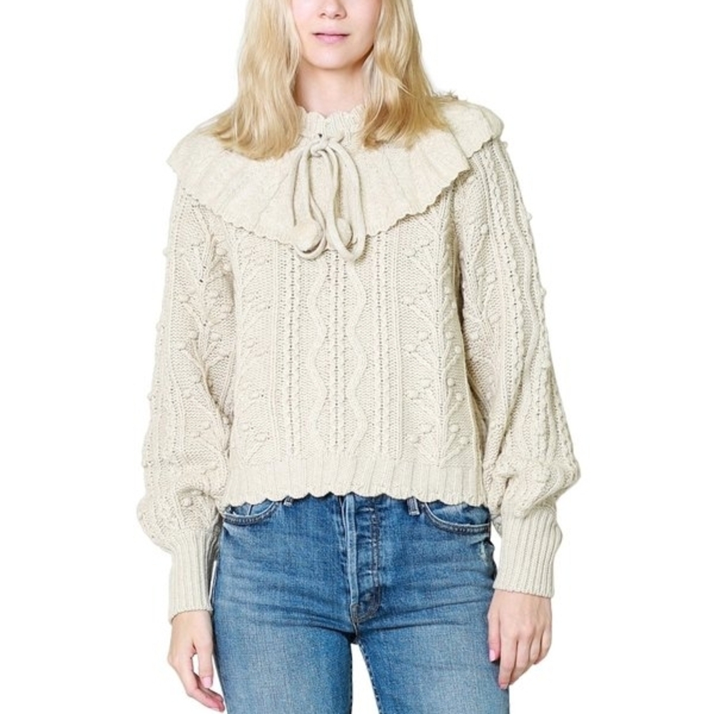 LoveShackFancy Cream Ruffle-Collar Cable Knit Sweater